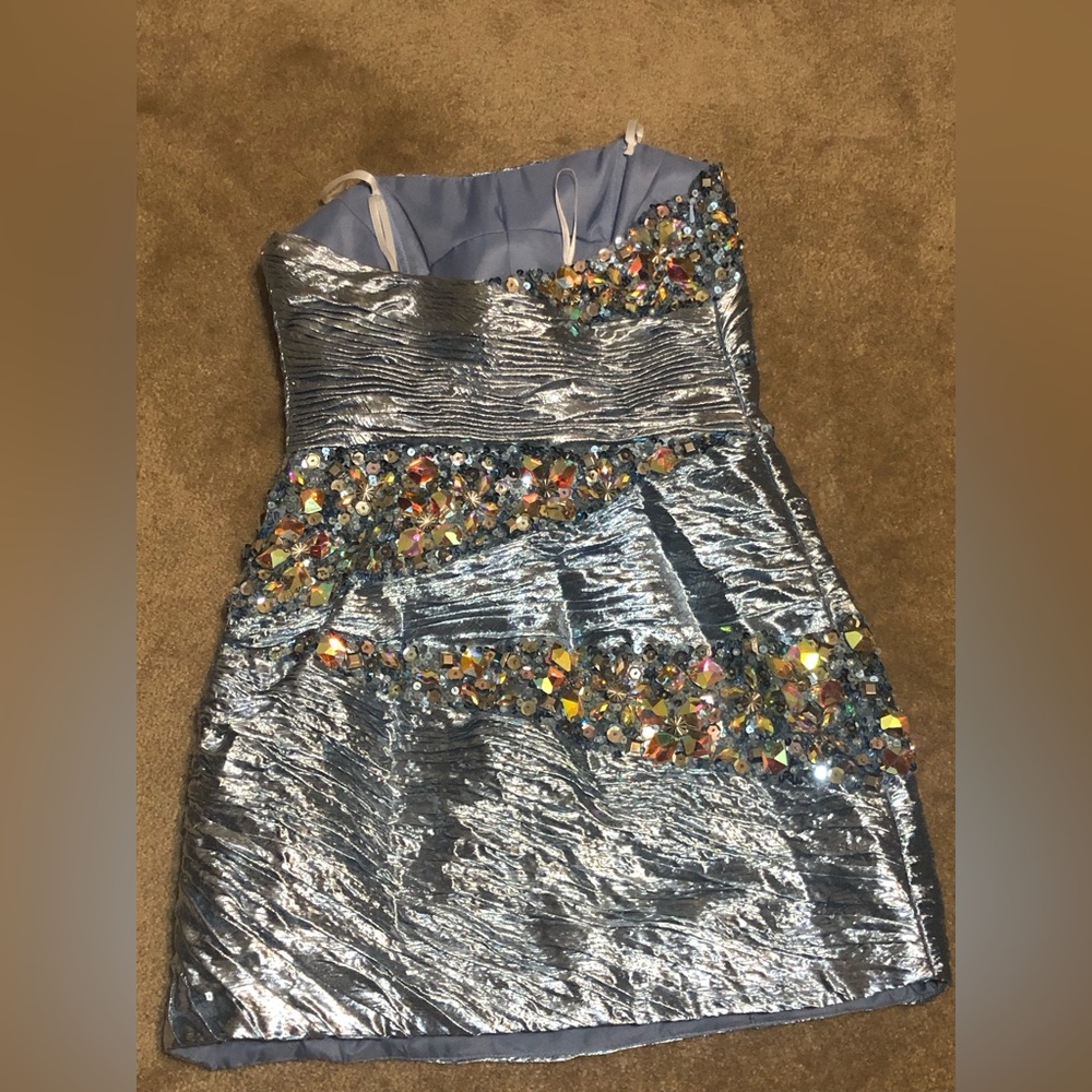 MacDuggal Light Blue Strapless Bejeweled Mini Dress Sz 8 - Picture 7 of 8